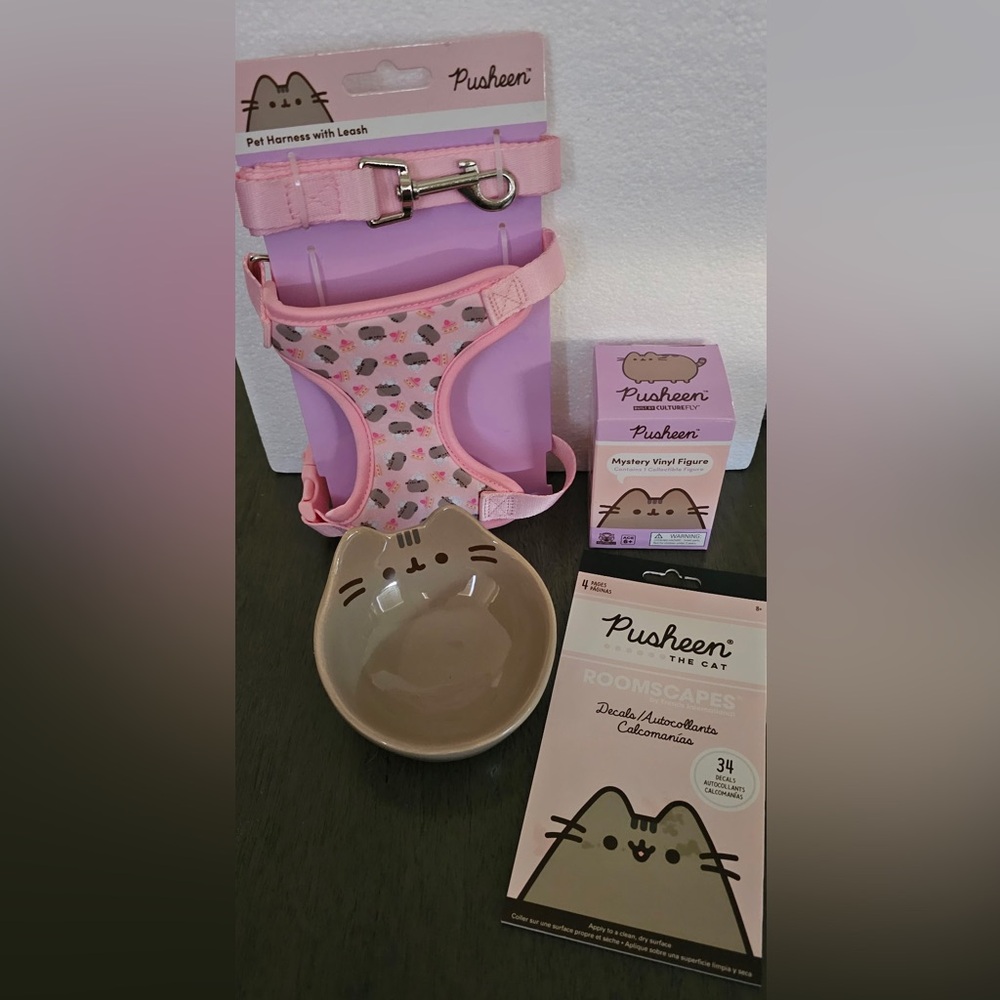 Pusheen Gift Set w/Harness & Leash Set, Figurine, Decals and Bowl